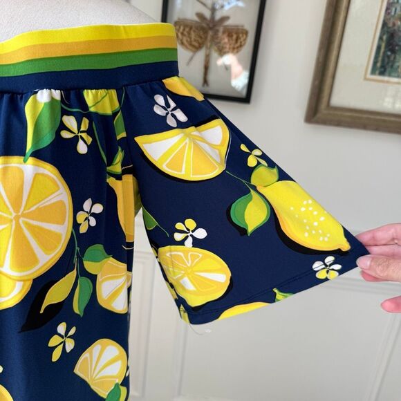 Trina Turk Kelso Lemon Print Off The Shoulder Dress Blue Yellow M - Picture 4 of 9